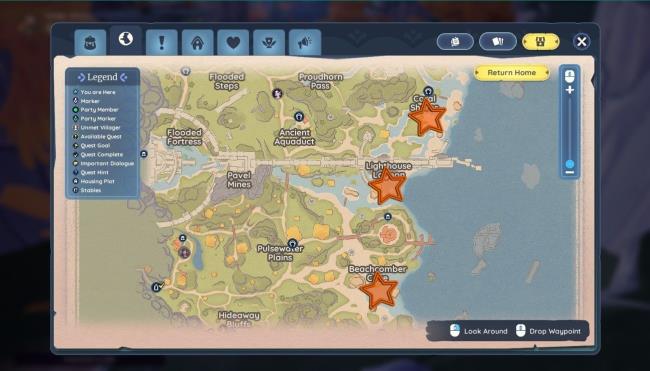 Map of Bahari Bay with orange stars above Coral Shores, Lighthouse Lagoon, and Beachcomber Cover in Palia. 